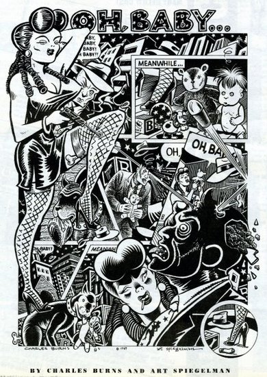Comix jam by Charles Burns and Art Spiegelman, from the Voice music supplement Rock & Roll Quarterly. Art director: Florian Bachleda.